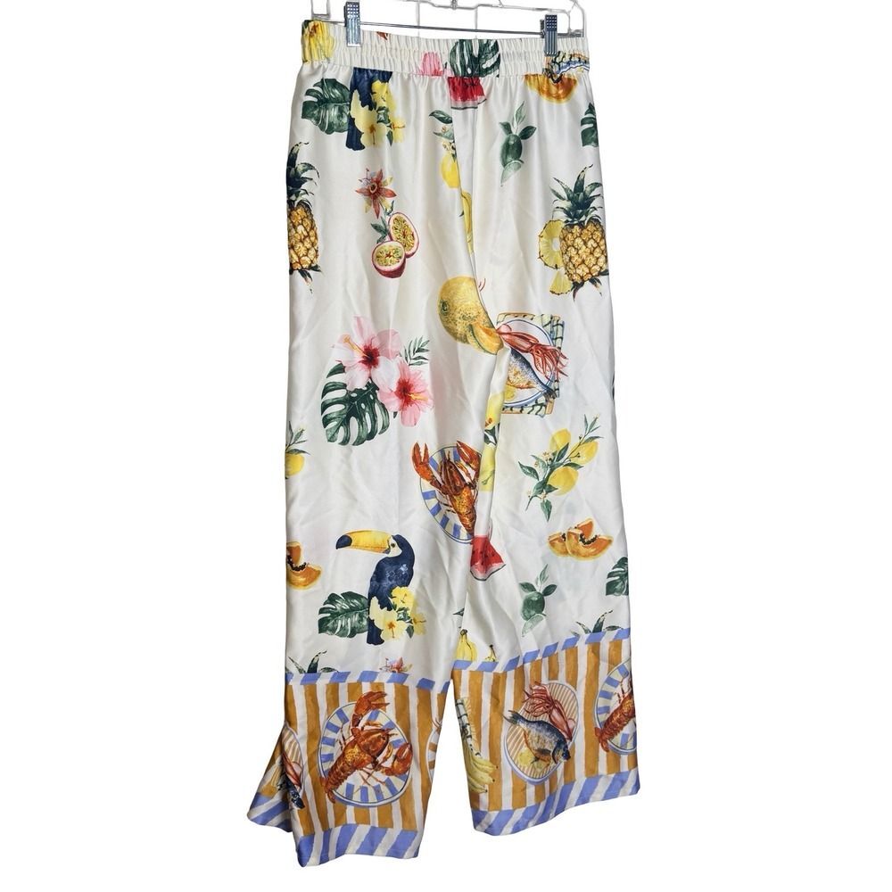 Bailey 44 Tropical Seafood Print Wide Leg Pants Lobster Toucan Satin NWT Medium